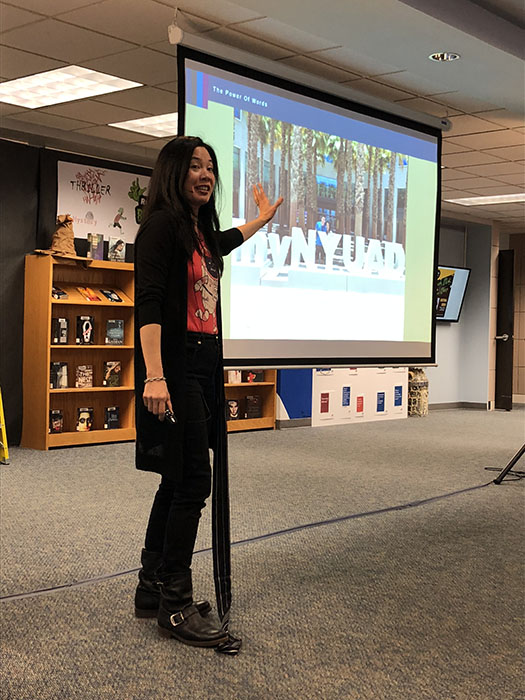 Justina Chen during her presentation to DGS students.
