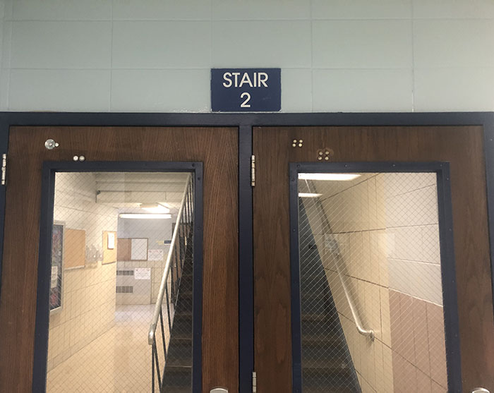The stairwell on the corner of the A and B hallway.