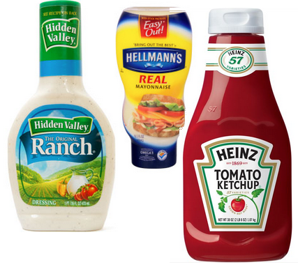 A few of the more popular condiment items, such as mayonnaise and ketchup. 