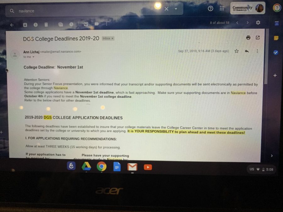 This is the email that seniors received from Ann Lichaj on Friday Sept. 27 regarding due dates for supporting documents in Naviance.