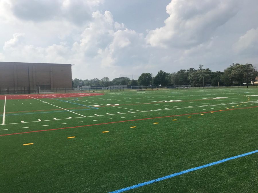 The new turf field in all of its slippery glory 