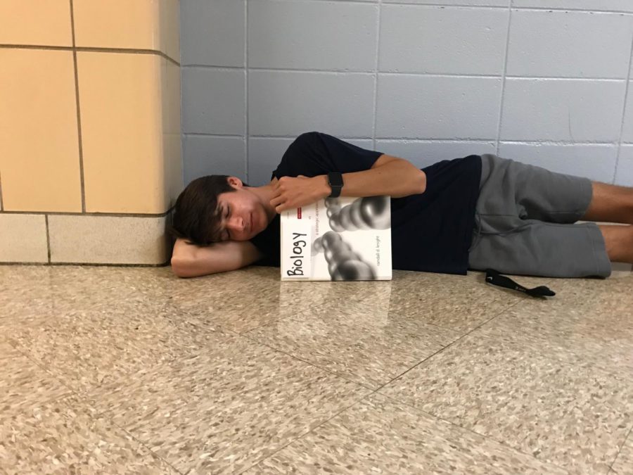 Overworked senior Jacob Kesterson sleeps after working on biology. 
Kesterson answers some last questions. 