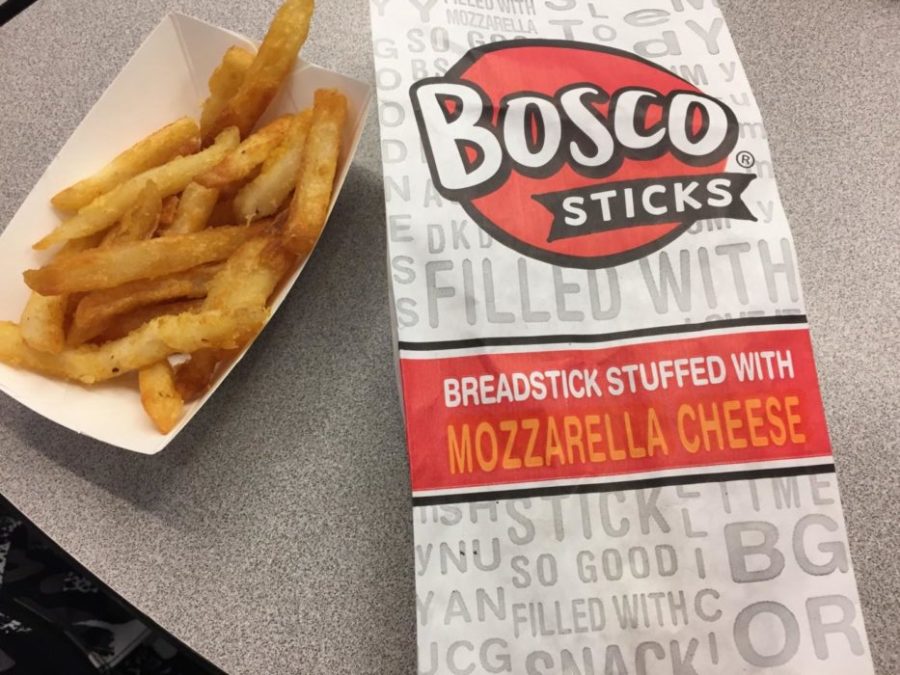 A classic lunch meal at DGS -- unfueling Bosco Sticks and a small side of greasy fries.