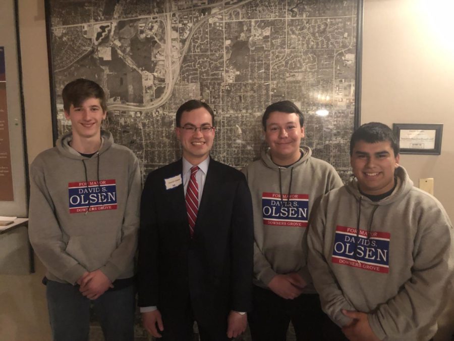 DGS students Ethan Owcarz, Nathan Wiechec and Mateo Garcia work on David Olsens mayoral campaign.