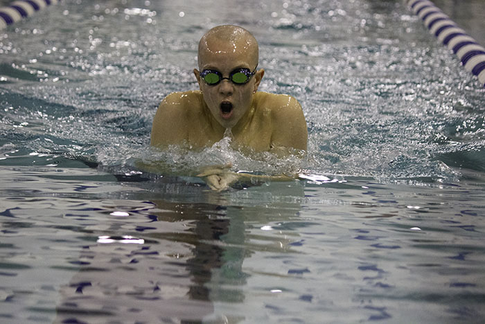 Freshman Jacob Selig swimming the breaststroke leg of his 200 individual medley. Selig was fully tapered for this meet and his hard work payed off when he received second on the fresh/soph level. 