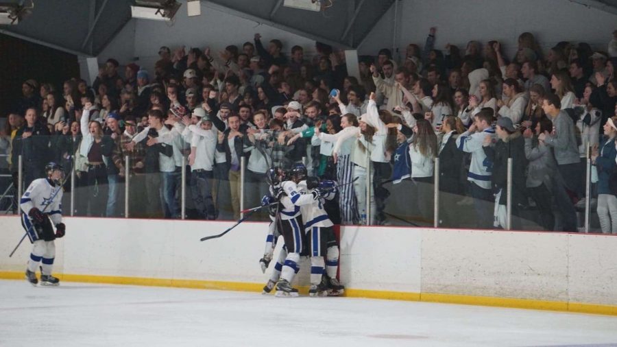 DuPage Stars hockey players celebrate with their fans after scoring a goal at a pack the barn game