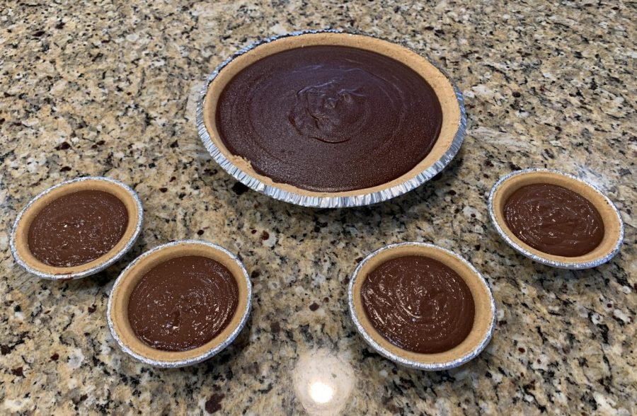 The result of the chocolate pie recipe. The recipe made some extra filling, so I bought some mini pie crusts too.