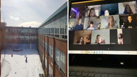 Side by side photo shares the difference between in person learning and a Zoom call.