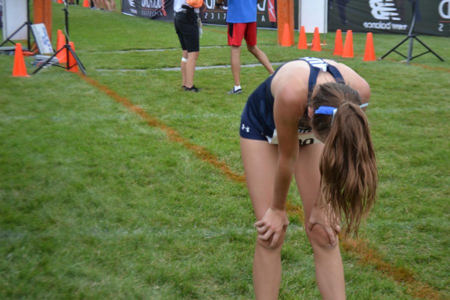 Senior Sarah Homberg recovers after finishing the three mile course in a time of 0:21:53 at Fenton High School.