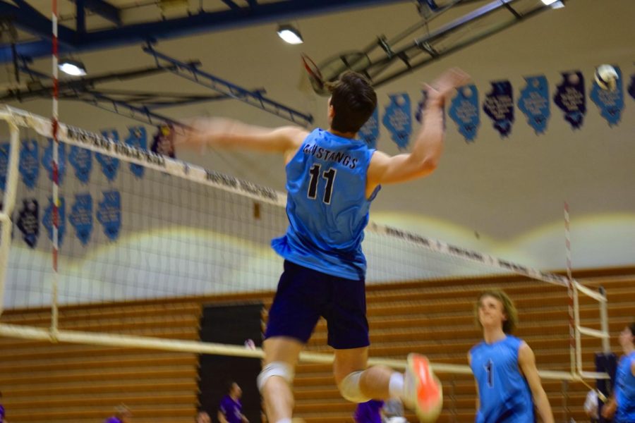  Senior Ryan Blazevich leaps in the air and winds up to spike the ball over the net. Blazevich kept himself on his toes while warming up before their match against DGN. The match took place on March 22 on the DGS home court. 