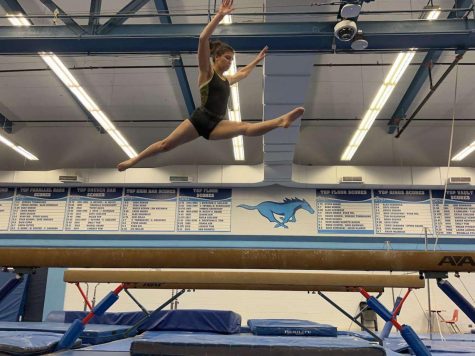 Piotrowski performs a leap on the high beam in preperation for her first meet of the season.