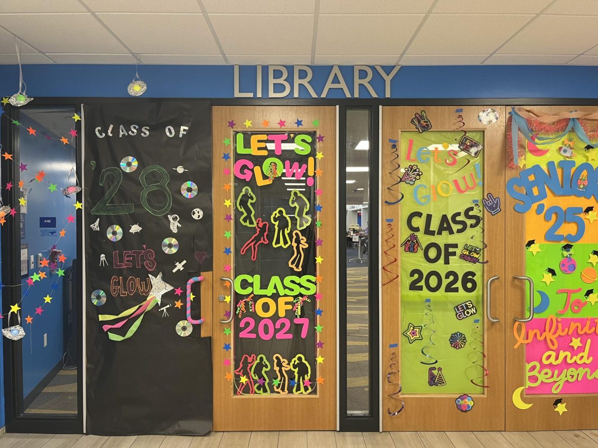 DGS Library decorations pertaining to the homecoming theme of Cosmic Glow Gala.