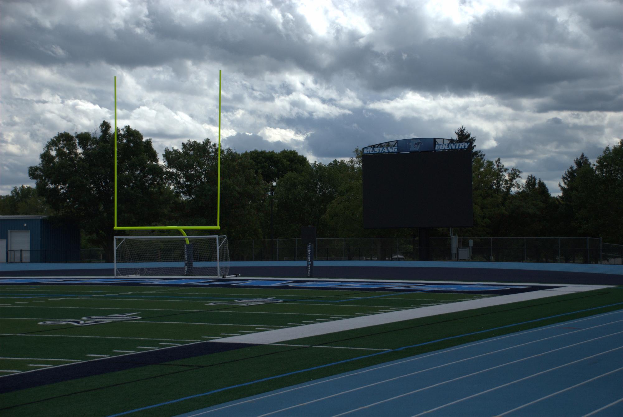 The DGS stadium is the home to the new digital scoreboard, turf and blue track.