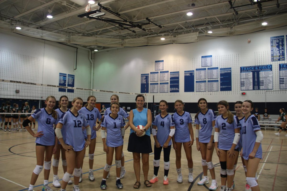  
P.E. teacher Colleen Reagan returns to the court after several years away. She is currently coaching the freshman A volleyball team.