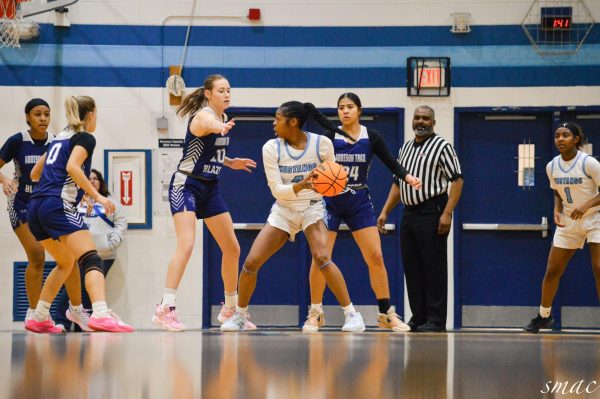 Senior small foward Hayven Harden defends the ball from opposing team.