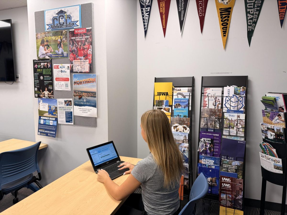 Senior Gabija Dauderis works on her college application in the college and career center.