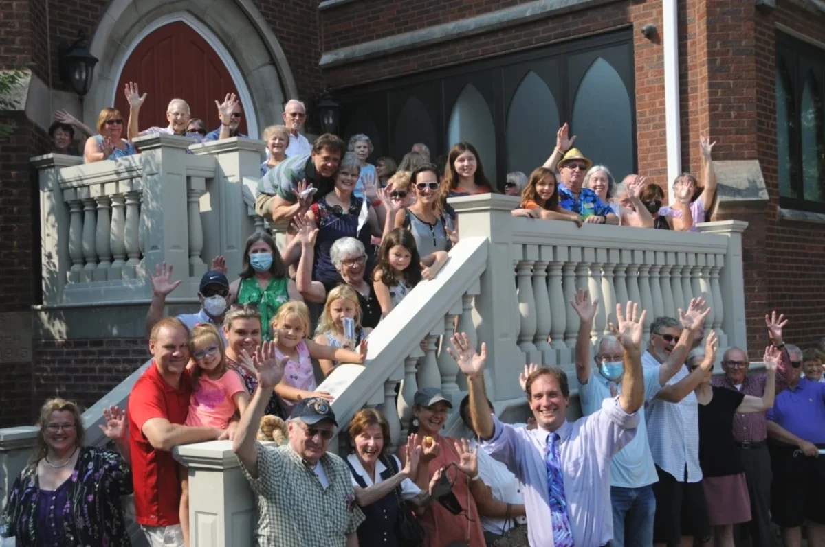 First Congregational UCC members gather to celebrate construction of new stairs in 2022. Crdited to First Congregational United Church of Christ.