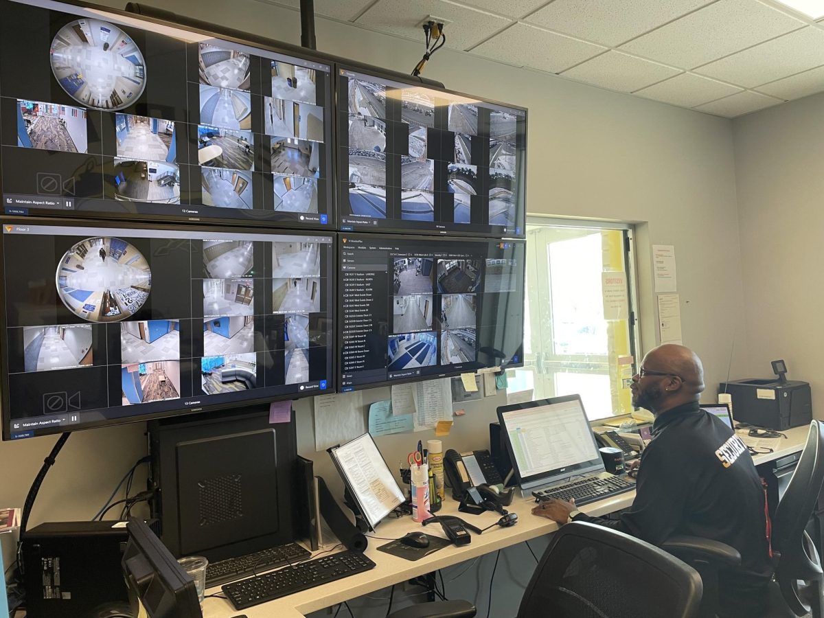 DGS security team monitors the cameras in their office during the day. 
