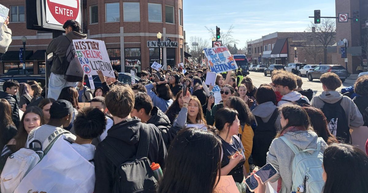 Students rally at Downers Grove train station, raising signs and voices.