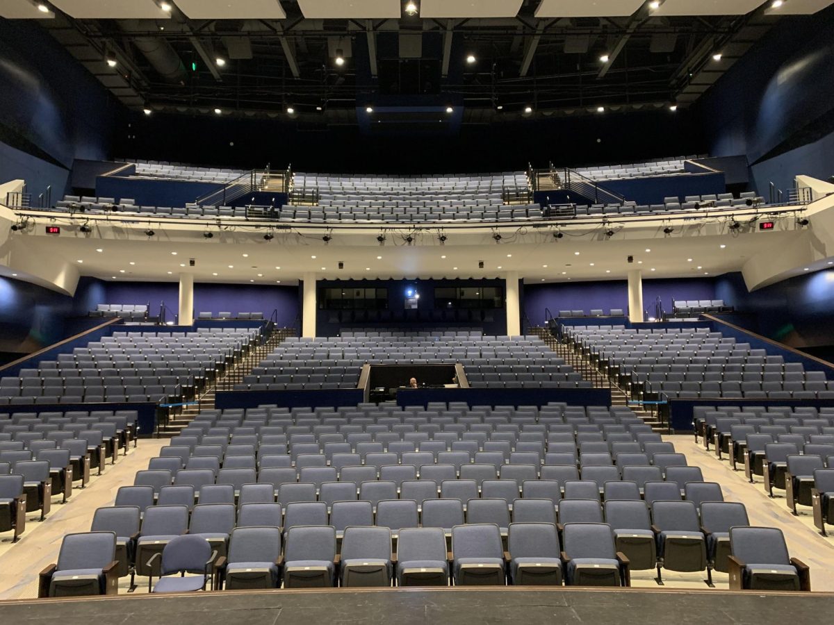 This is the view of the Downers Grove South High School auditorium from the main stage. The picture depicts the seating, balcony, sound booth, and light booth.
